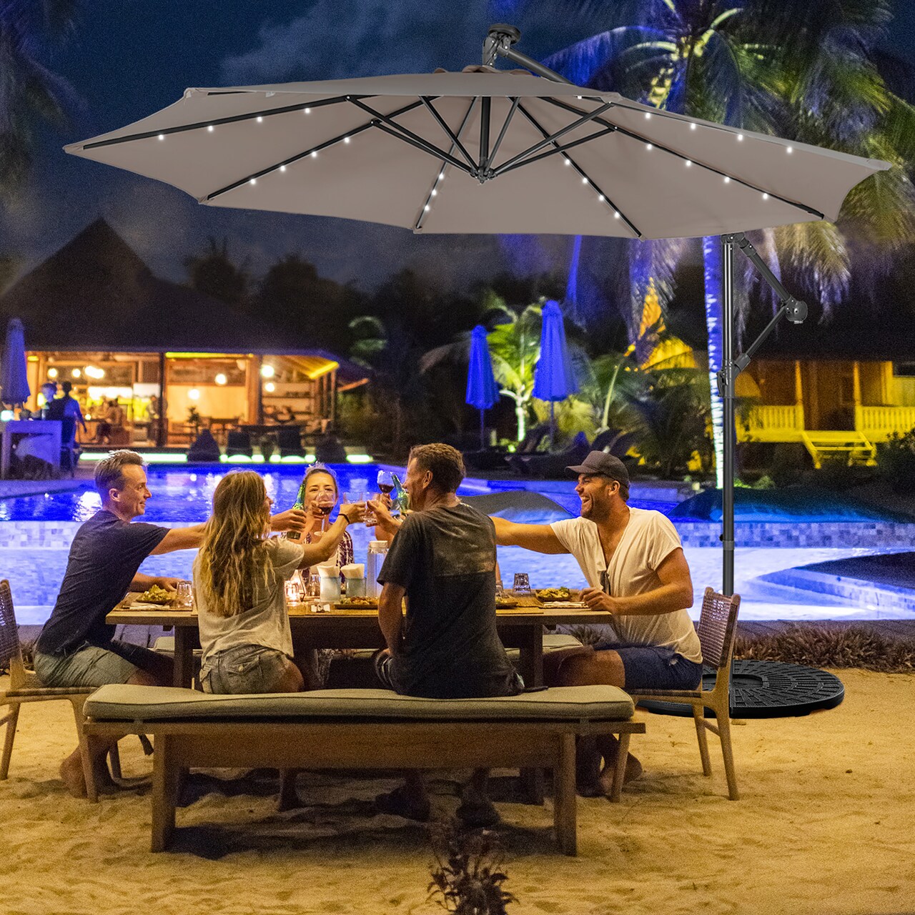 Costway 10FT Cantilever Solar Powered 32LED Lighted Patio Offset Umbrella Outdoor Red\Beige\Coffee\Blue\Navy